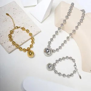 Minimalist stainless steel ball bead necklace and bracelet set in gold and silver finish