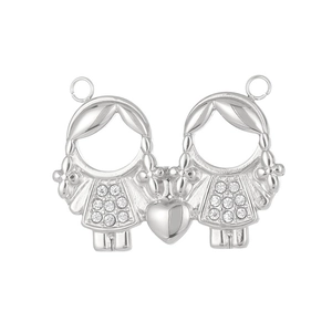 Pendentif en acier titane deux filles avec cœur et pierres précieuses scintillantes