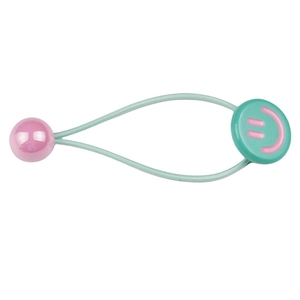 Mint green high elasticity hair tie with pink smiley face button and round bead detail