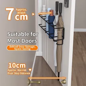 Space-saving black metal umbrella rack mounted on a door, dual-layer design for 7cm width
