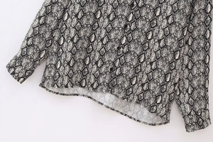 Detailansicht der langärmeligen Hemdbluse mit Schlangenmuster und schwarzer Knopfleiste
