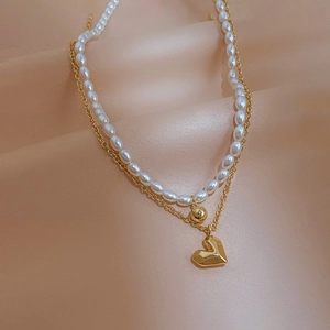 Double Layer Copper Necklace With Artificial Pearl And Gold Heart Pendant Minimalist Elegant Fashion Jewelry For Women
