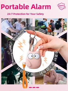 Pink owl personal alarm with orange lanyard shown in various safety scenarios