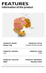 Pink enamel flower ring details showing 1.7cm inner diameter and 1.6cm flower width