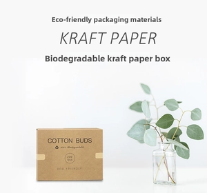 Umweltfreundliche Wattestäbchen in einer Kraftpapierbox mit Eukalyptusblatt-Detail
