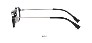 Seitenansicht der Retro-Sonnenbrille mit schwarzem Rahmen und schmalen Metallbügeln