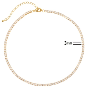 Detail shot of 3mm gold tennis necklace with clear cubic zirconia and lobster clasp