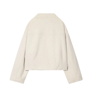 Back view of stylish oatmeal faux fur long sleeve jacket with plush texture and double lapel