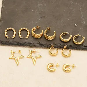 Boucles D'Oreilles Créoles Géométriques Femmes Plqué Or 18K Acier Inoxydable Minimaliste Chic Forme U Et Étoile