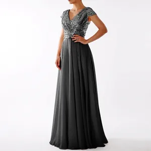 Elegant V-neck evening gown with sparkling silver sequins and black chiffon maxi skirt