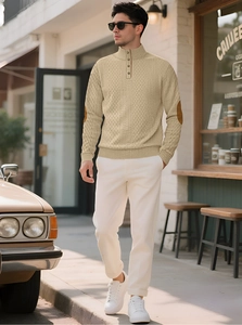 Men's retro waffle knit polo in beige with brown elbow patches and buttoned collar