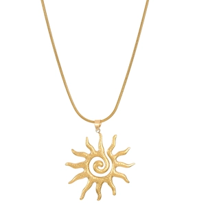 Golden stainless steel sun pendant necklace with textured spiral sunburst design on white