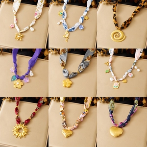 Boho Scarf Necklace Stainless Steel Gold Plated Satin Fabric Floral Leopard Heart Sun Butterfly Pendants Jewelry Women