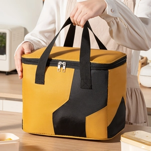 Large insulated lunch bag in yellow and black with thick aluminum foil lining for picnics
