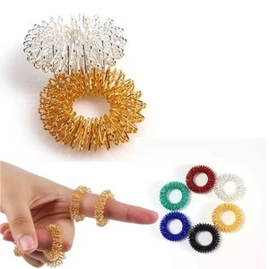 Detailed close-up of colorful spring-shaped metal finger massage rings for stress relief