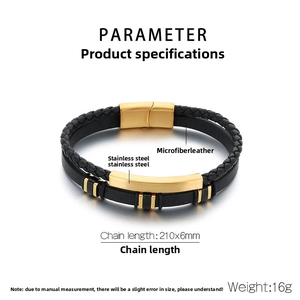 Detailed view of black woven leather bracelet with golden steel clasp and 210mm length info