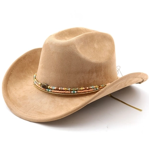 Western suede cowboy hat in camel with colorful beaded ethnic style headband trim