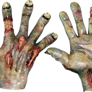 Realistic horror zombie gloves with bloody wounds and exposed bones for Halloween costumes