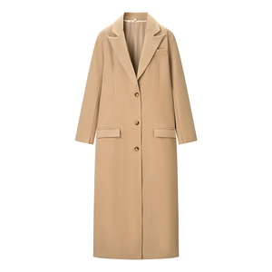 Cappotto Lungo In Lana Di Poliestere Kaki Da Donna Collo A Revers Bottoni Monopetto Elegante Casual
