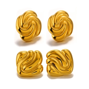 Minimalist 18K gold plated square and spiral stud earrings set on a white background