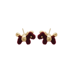Cute burgundy flocked puppy stud earrings with gold metal accents on white background