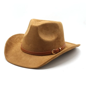 Western Cowboy Hat Faux Suede Wide Brim With Leather Belt Buckle Retro Outwear Fedora Style For Men And Women