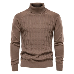 Men's turtle neck cable knit sweater in dark brown featuring a classic rib-knit design