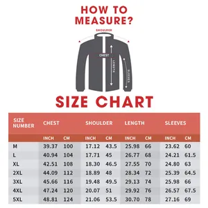 Guide des tailles détaillé pour veste en cuir homme avec mesures allant du M au 5XL