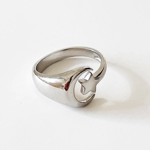 Moon And Star Open Ring 925 Sterling Silver Minimalist Geometric Adjustable Jewelry For Women