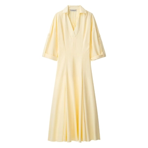 Elegante Abito Lungo A Camicia Maxi Con Scollo A V Giallo Chiaro Tinta Unita Poliestere Maniche Regolabili Abito Da Ufficio Per Donna