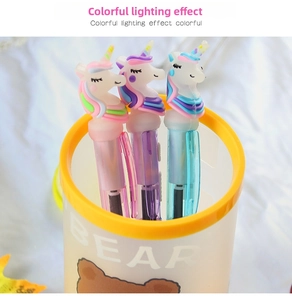 Three-piece set of unicorn LED glowing ballpoint pens in pink, purple, and blue colors