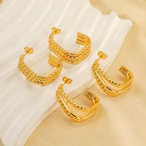 Irregular multilayer linear gold-plated titanium steel C-shaped hoop earrings set