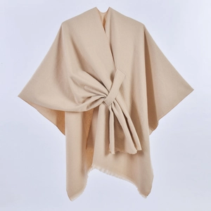 Elegant beige cashmere-like poncho shawl with waist tie and tassel edges for women