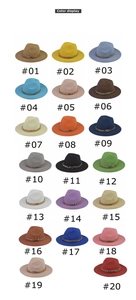 Detailed color chart of straw fedora hats featuring 20 shades and gold chain bands