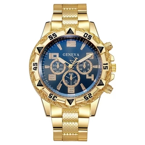 Men's gold steel business watch with blue glass dial and multi-functional chronograph features