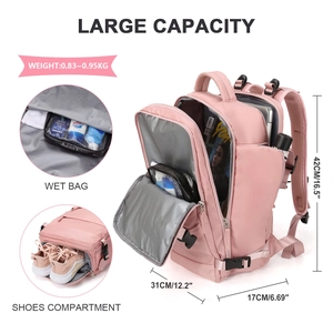 Pink travel backpack detail showing large capacity, wet bag, and shoe compartment features
