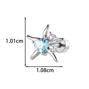 Silver starfish stud earring with light blue heart zircon and pink square gemstone accents