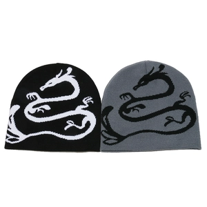 Knit beanie hats featuring traditional dragon pattern in black and grey winter styles