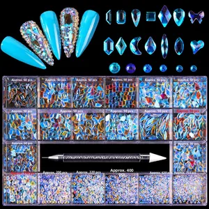 21-grid blue aurora nail rhinestones set with dual-ended wax dotting pen tools