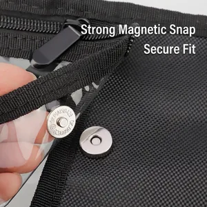 Black makeup bag featuring a durable magnetic snap button and clear PVC window panel