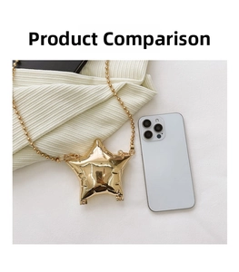 Macro detail of star-shaped mini gold handbag showing scale next to a smartphone