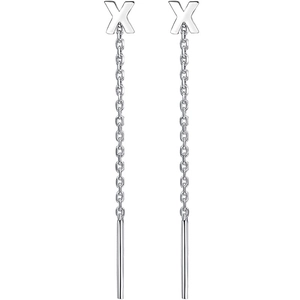 Minimalist S999 sterling silver X-shaped drop earrings with thin long chain and bar pendant