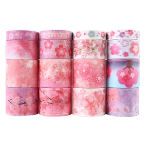 Detailed set of 16 rolls of pink floral cherry blossom washi tape with gold foil accents