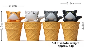 Miniature cat ice cream figurines set showing 3.5cm height and 2.2cm width dimensions
