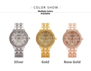 Three-color Geneva women's watches in silver, gold, and rose gold with crystal accents