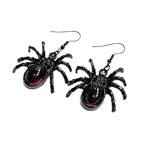 Gothic punk black spider earrings with red crystal accents on a clean white background