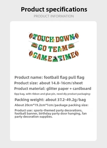 Detail of football party banners featuring Touch Down and Game Time slogans in glitter paper