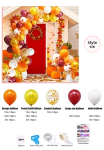 Detail view of autumn balloon arch kit components with orange gold and burgundy balloons
