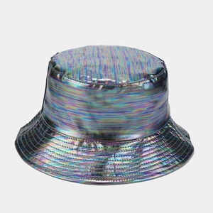 Detail of laser iridescent bucket hat with metallic rainbow finish and stitched brim