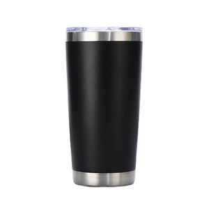 Black 20oz stainless steel insulated travel tumbler with transparent lid on white background